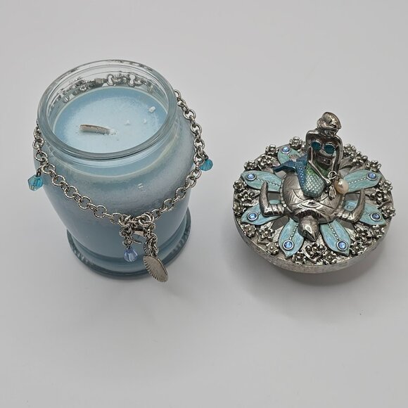 Kirks Folly Scented Candle with Silver Blue Mermaid on Turtle Lid and Bracelet - Picture 3 of 8